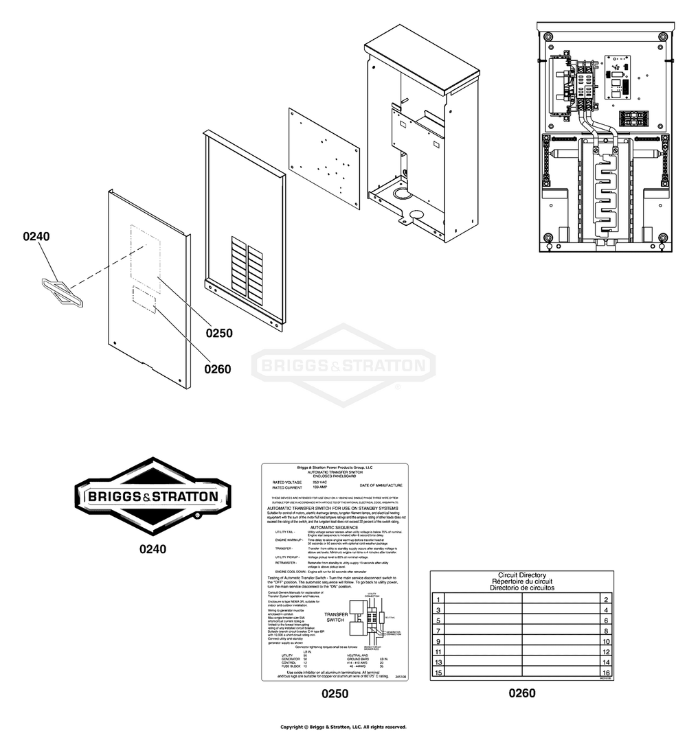 Decals Group - Ats Informational Diagram and Parts List for 040742-00  Briggs and Stratton Generator